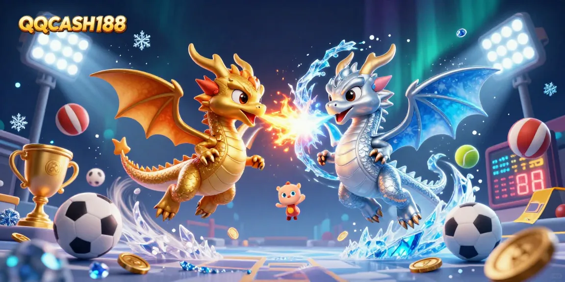 Experience the thrill of QQCASH188 with dynamic dragons and vibrant sports elements in action.