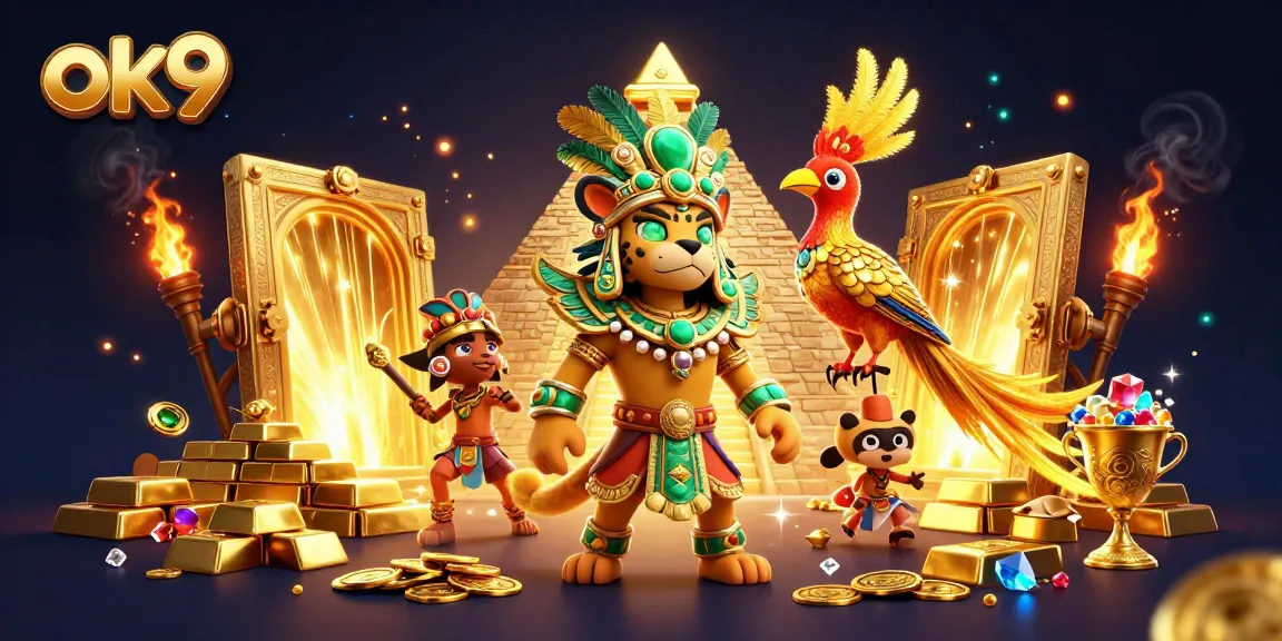Engage with ok9's premier gaming experience featuring vibrant characters and golden treasures in a dynamic casino scene.