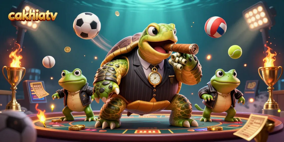 Cakhiatv showcases an energetic casino scene with a turtle mobster and frog enforcers amidst dynamic sports balls.