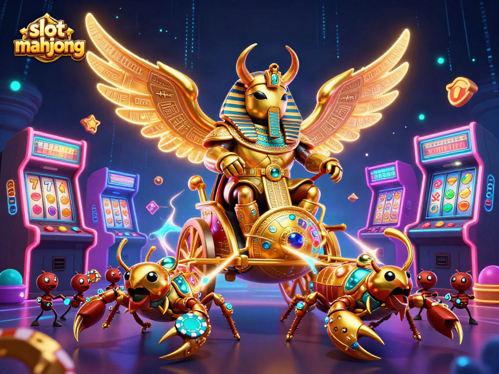 Experience thrilling slot mahjong with an exciting scene featuring a golden scarab and casino elements.