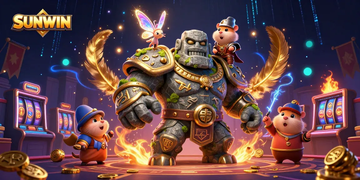 SUNWIN brings excitement with an ancient golem, fairy, and hamster knight on a lively casino floor.
