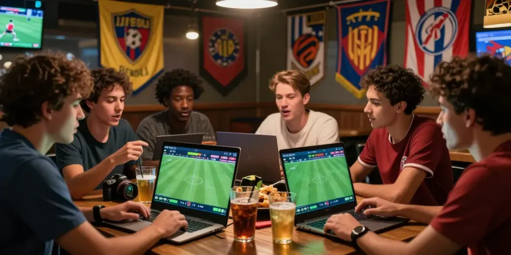 Excited fans engaging with WWBOLA while watching a live soccer match in a sports bar.