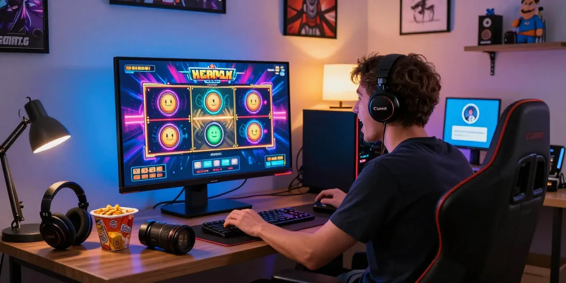 Excited player enjoying a situs gacor experience on a vibrant slot game in a cozy gaming setup.