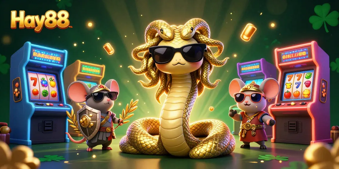 Hay88 offers a vibrant 3D cartoon casino scene, featuring Medusa, a warrior mouse, and dynamic gaming elements.