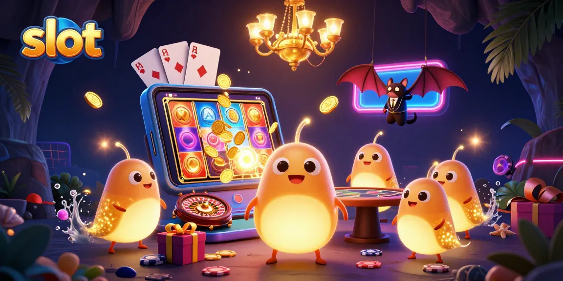 Experience vibrant slot excitement with animated characters in a glowing cave casino.