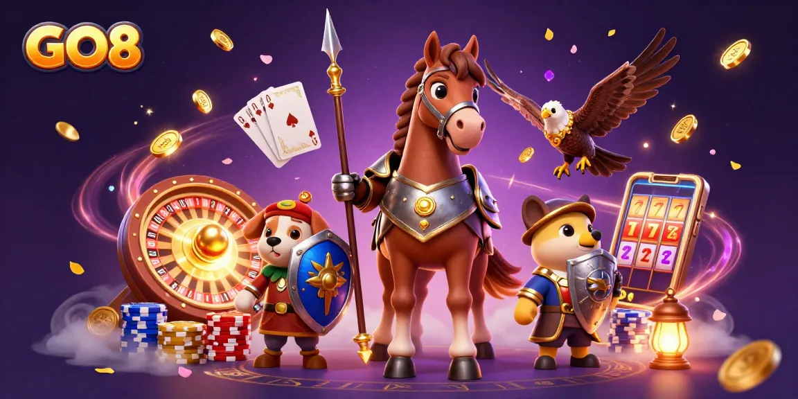 Engage in epic GO8 adventures with a knight, squire, and falcon amidst dazzling casino elements.