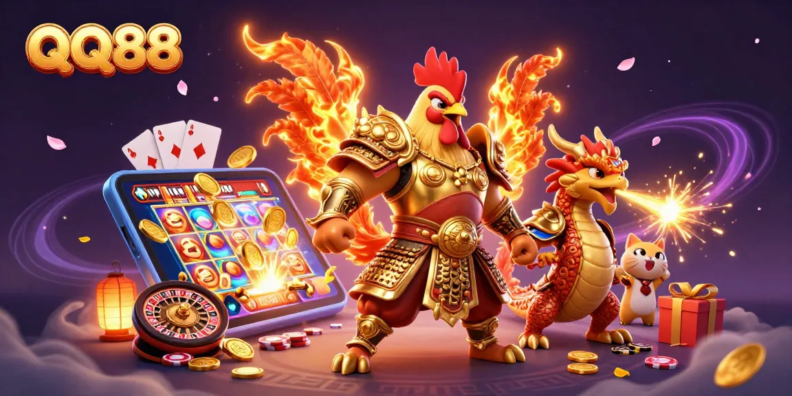 Experience exciting gameplay with QQ88's dynamic slot games featuring cartoon warriors and thrilling visuals.