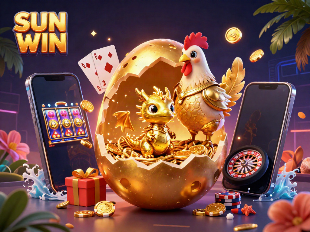 Join the excitement at SUN WIN with a golden dragon and vibrant casino elements bursting with energy!