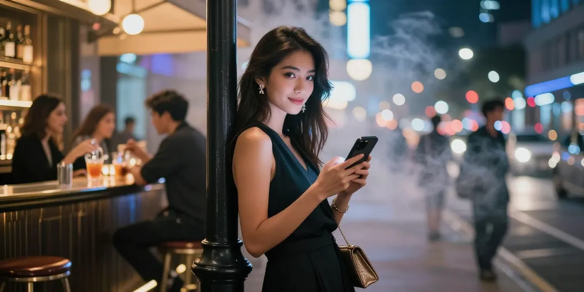 Gái gọi trong khung cảnh thành phố về đêm, tạo dáng tự tin và quyến rũ.