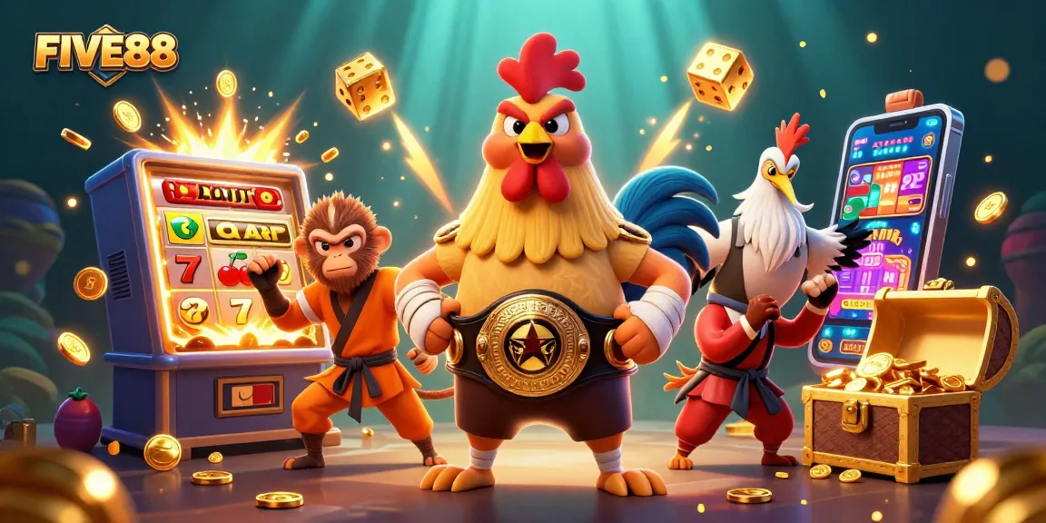 Engage with FIVE88's vibrant casino scene featuring unique characters and exciting game elements.