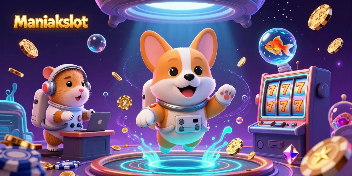 Engage with Maniakslot in an immersive cosmic casino scene featuring a floating corgi.