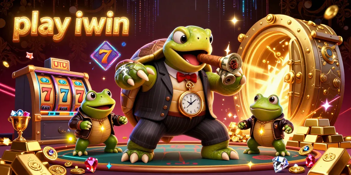 Experience the thrill of play iwin with a 3D turtle mobster amidst vibrant casino elements.