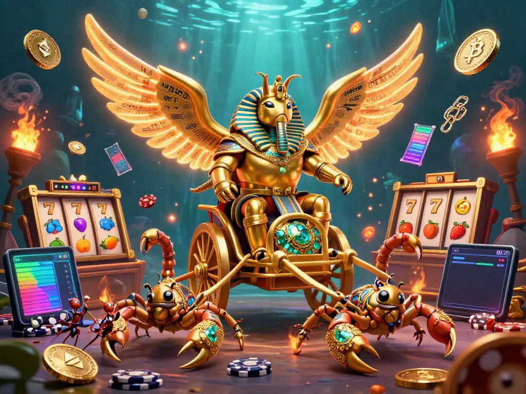 Spin the slot reels with the gleaming scarab beetle and jewel-studded scorpions alongside vibrant casino symbols.
