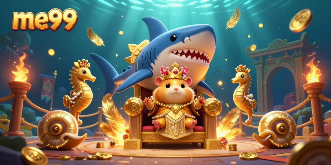 Experience thrilling gaming action with me99 at this vibrant online casino scene featuring a golden hamster king.