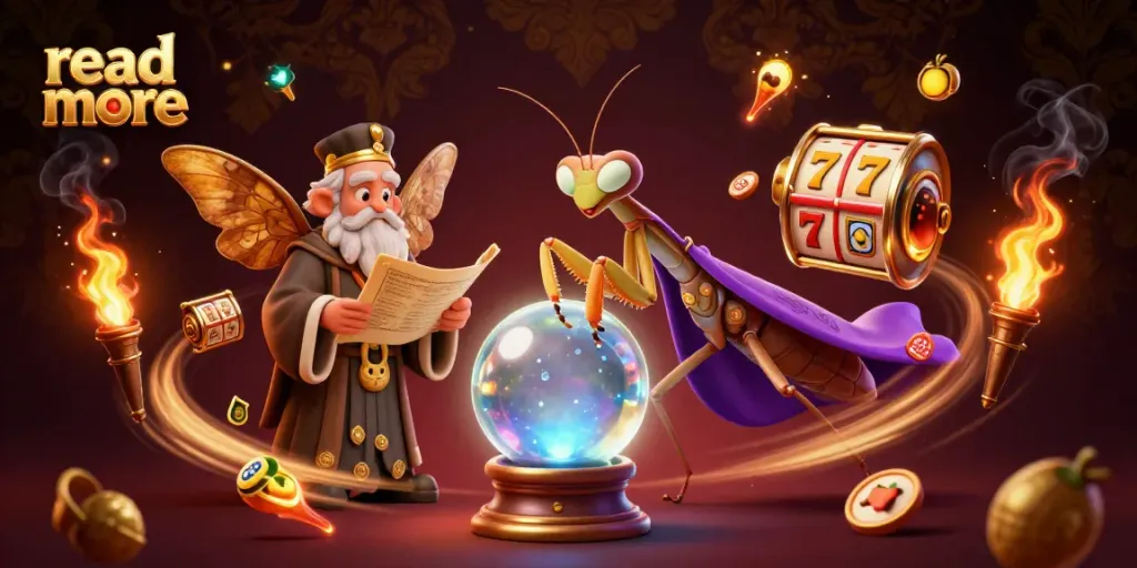 Experience the thrill of slots as you read more with a whimsical fortune teller in a vibrant casino setting.