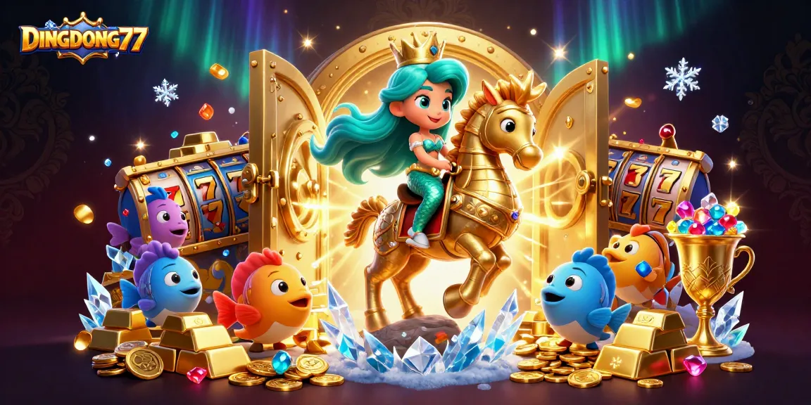 DINGDONG77 players enjoy vibrant slot games, featuring a mermaid princess and treasures in a dazzling scene.