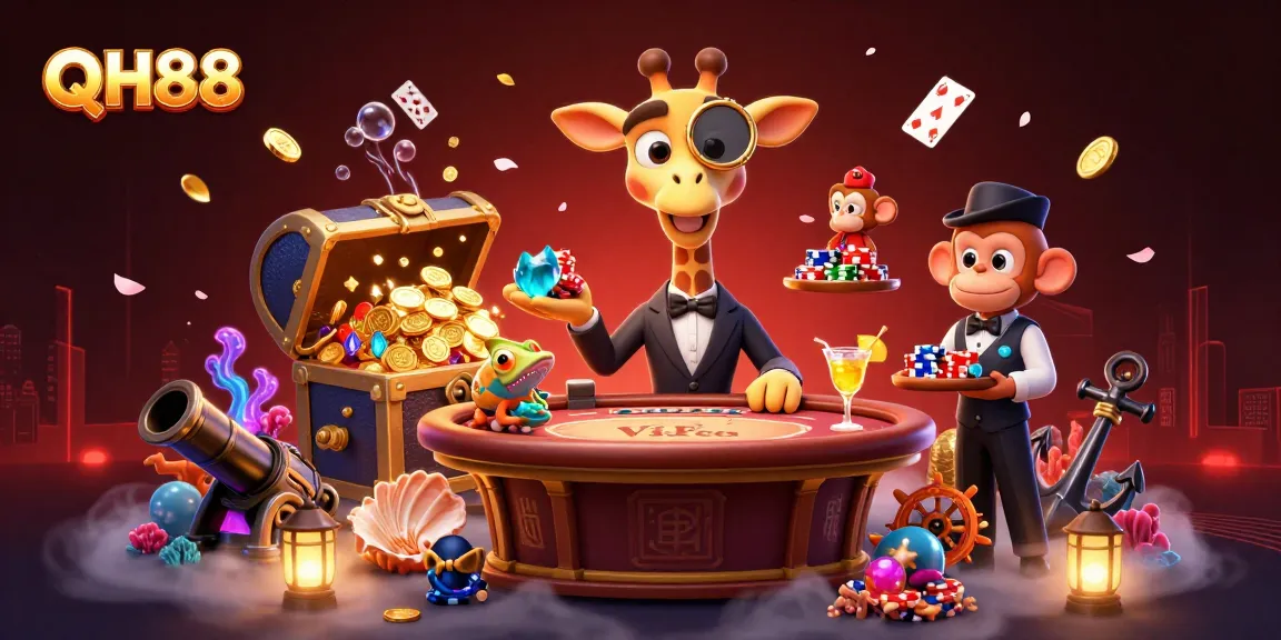 Experience thrilling action at QH88 with a high-roller giraffe, treasure, and vibrant casino elements.