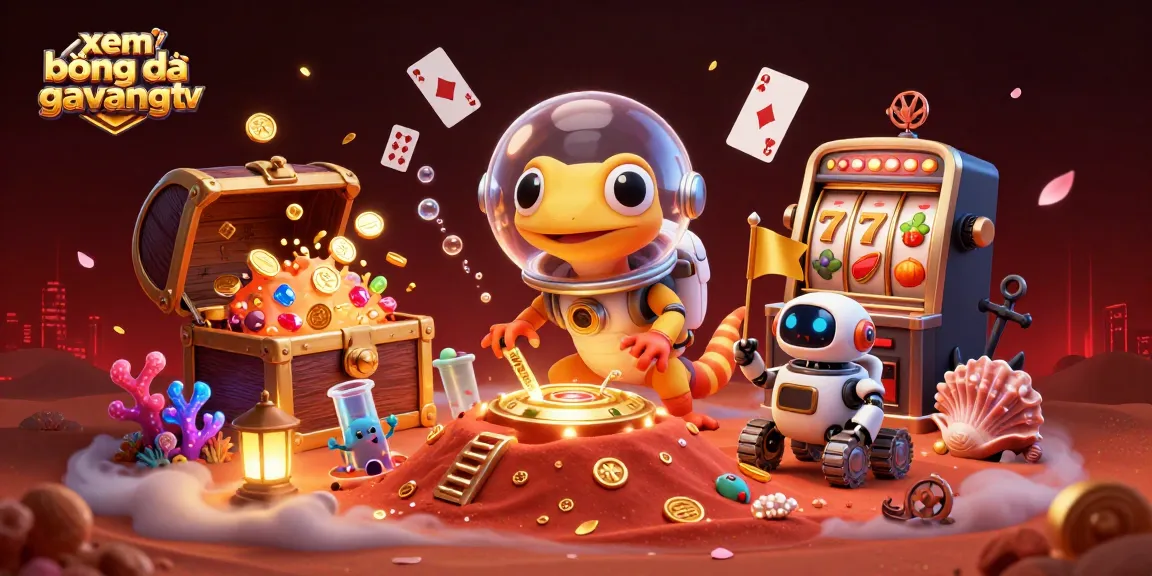 xem bóng đá gavangtv in a vibrant 3D casino scene with a Martian gecko and treasures