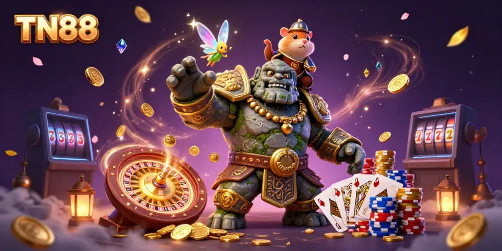 Engage with TN88's exciting casino experience featuring a magical golem, fairy, and hamster in armor amidst casino elements.