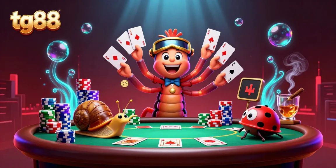 Experience exciting gaming at tg88 with a vibrant casino scene featuring a millipede dealer and high-roller snail.