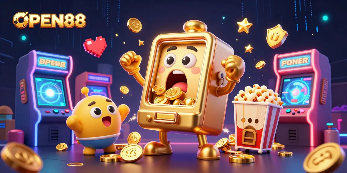OPEN88 slot machine hitting jackpot with golden coins and cheering supporters in dynamic casino illustration