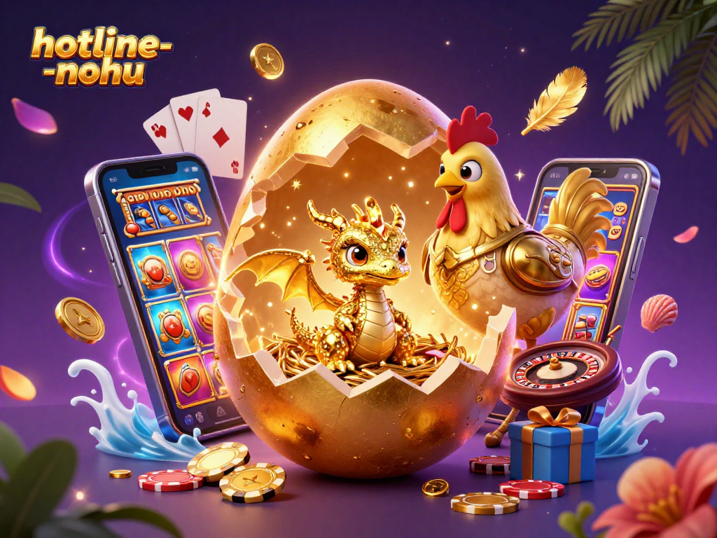 Experience thrilling wins at hotline-nohu with a golden baby dragon on poker chip nest amidst dazzling casino elements.