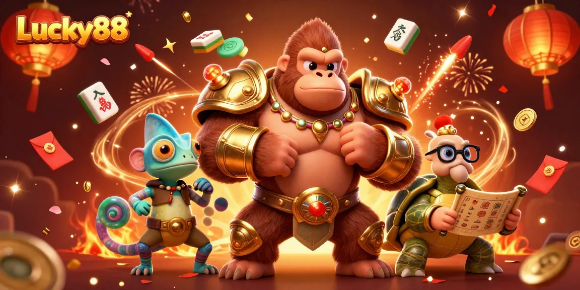 Experience the excitement of Lucky88 with a powerful gorilla king and a chameleon spy in a vibrant casino scene.