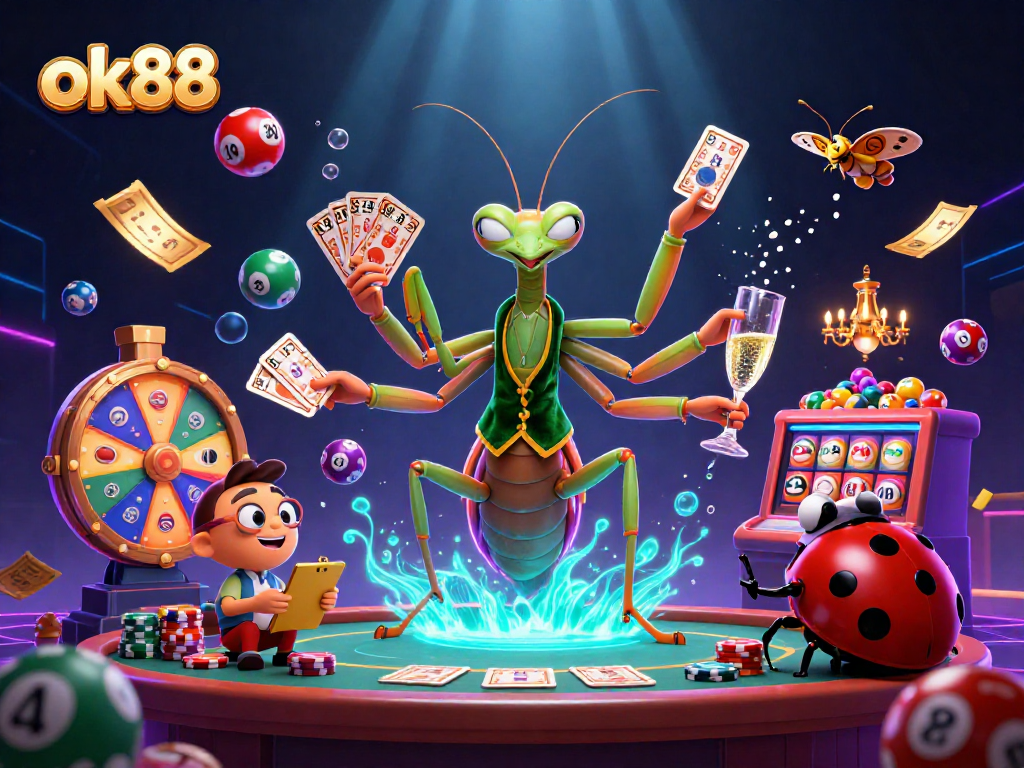 Experience thrilling moments with ok88 as a giant praying mantis card sharp dazzles in a vibrant casino setting.