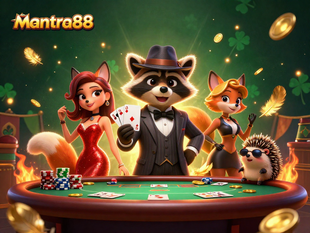 Experience mantra88 with a suave raccoon and fox lady at a poker table, dynamic gaming scene.