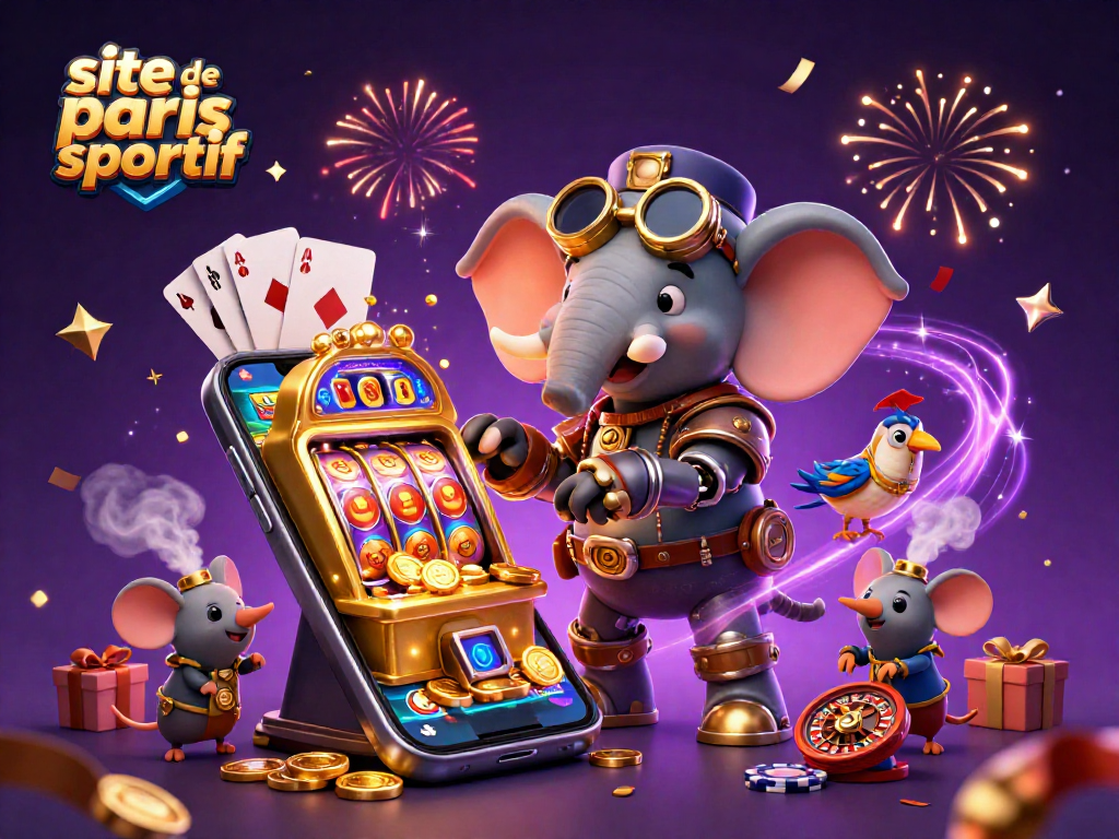 Jouez sur le site de paris sportif avec un éléphant steampunk en pleine action entouré de jeux de casino.