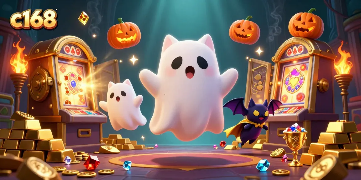 Experience the excitement of c168 with a friendly ghost cat and a vampire bat in a haunted casino scene.