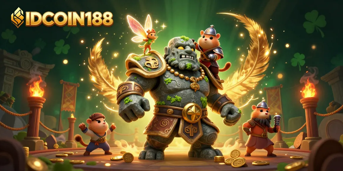 IDCOIN188 showcases a dynamic 3D scene with a mystical golem and magical companions in a vibrant casino setting.