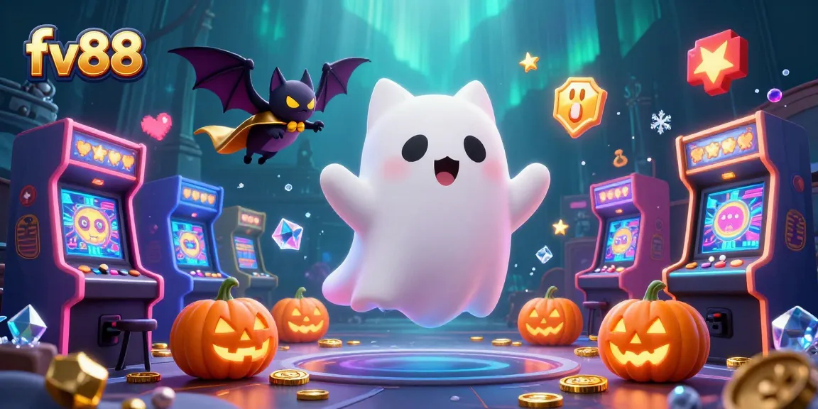 Experience thrilling gameplay with fv88's lively Halloween-themed casino scene featuring a ghost cat and vampire bat.