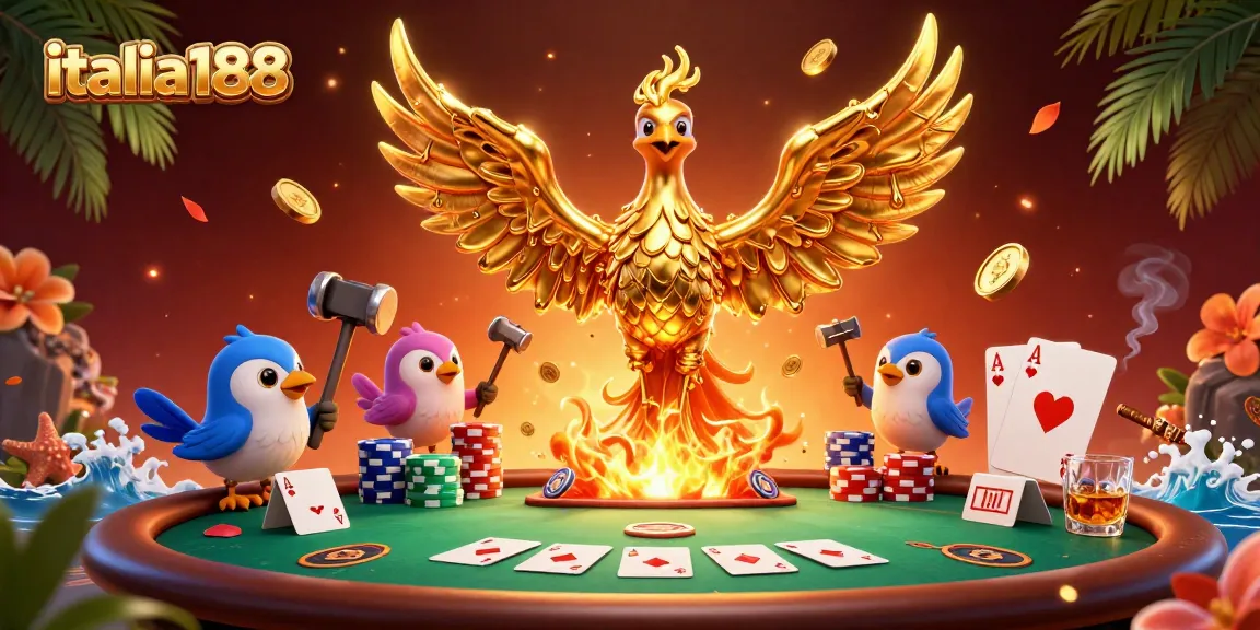 Italia188 menghadirkan ilustrasi kasino 3D dengan phoenix emas yang menawan dan elemen permainan.
