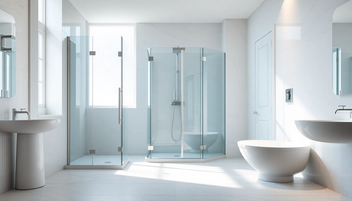Experience modern elegant showers in a luxurious bathroom setting with sleek glass enclosures.