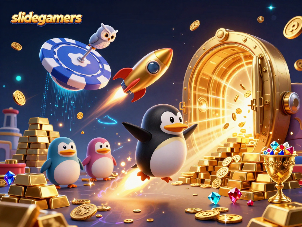 Experience thrilling fun with slidegamers as a golden penguin races towards a casino station amidst treasures.