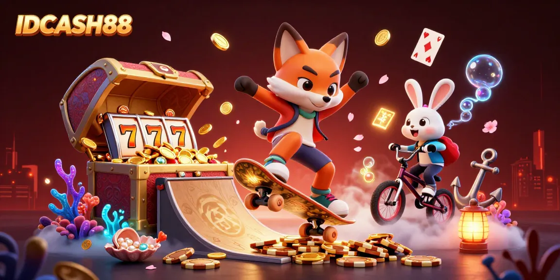 Experience the excitement of IDCASH88 with a 3D vibrant illustration showcasing a skateboarder fox and BMX rabbit in a lively casino scene.