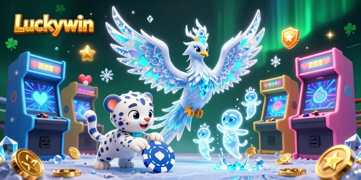 Engage with Luckywin in an exciting casino adventure featuring 3D characters surrounded by gaming elements.