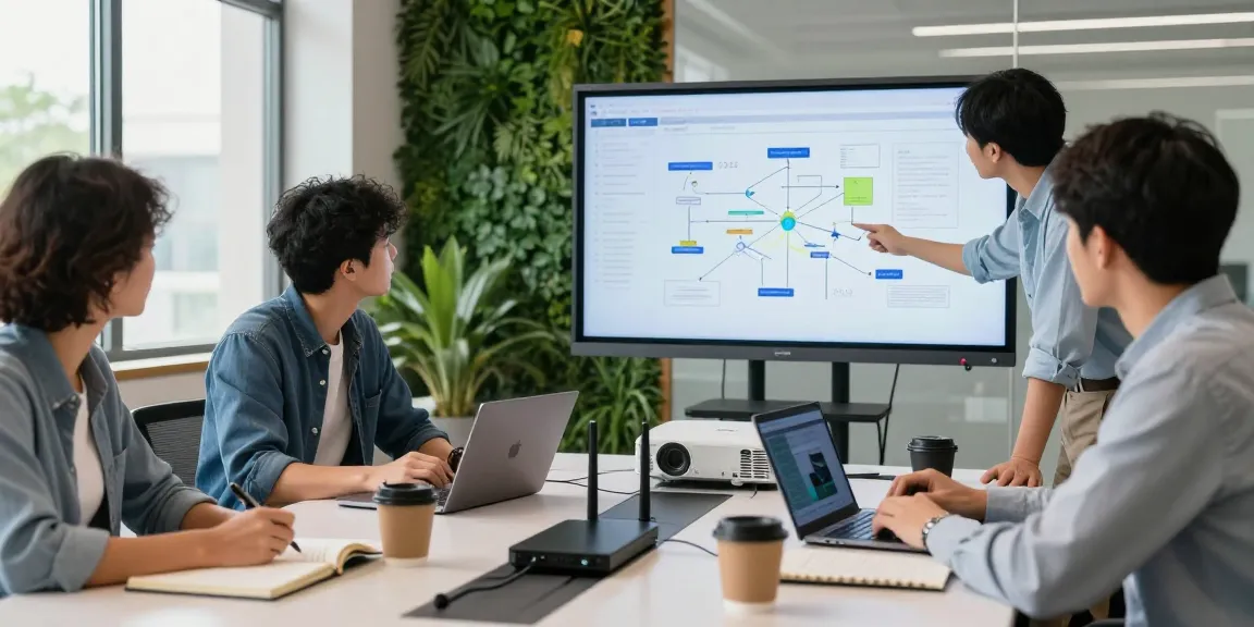 Team collaborating to build internal tools with AI in a modern workspace.