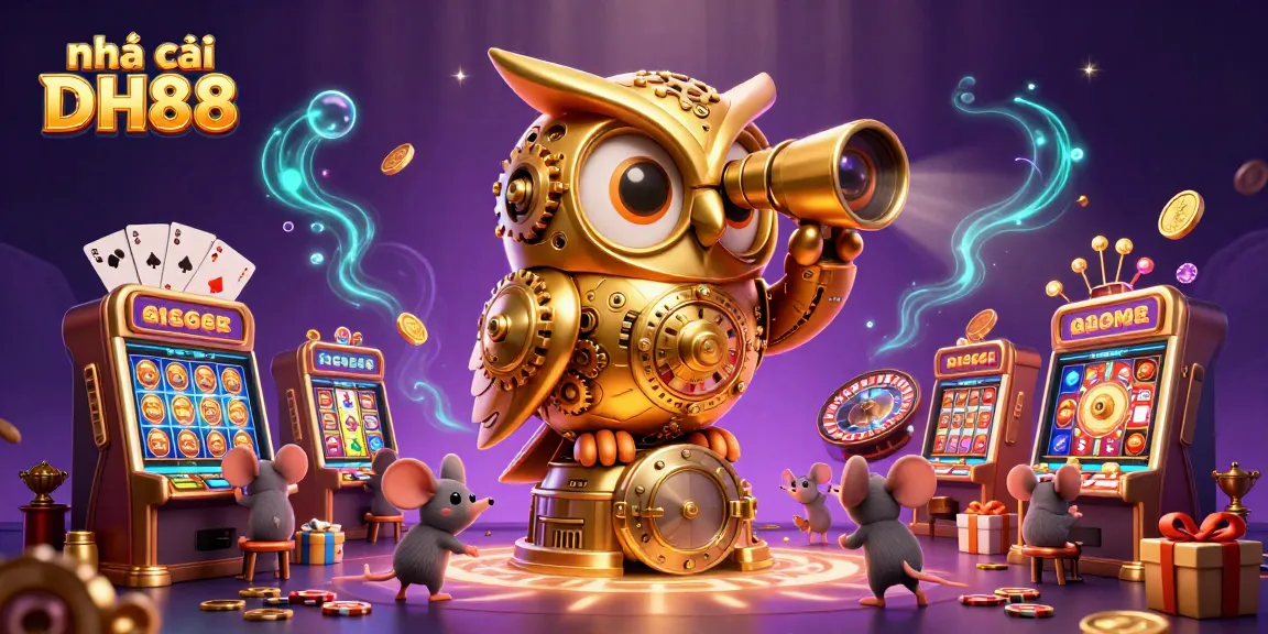 Experience thrilling play at nhà cái DH88 with a vibrant casino scene featuring spinning slots and a golden owl.