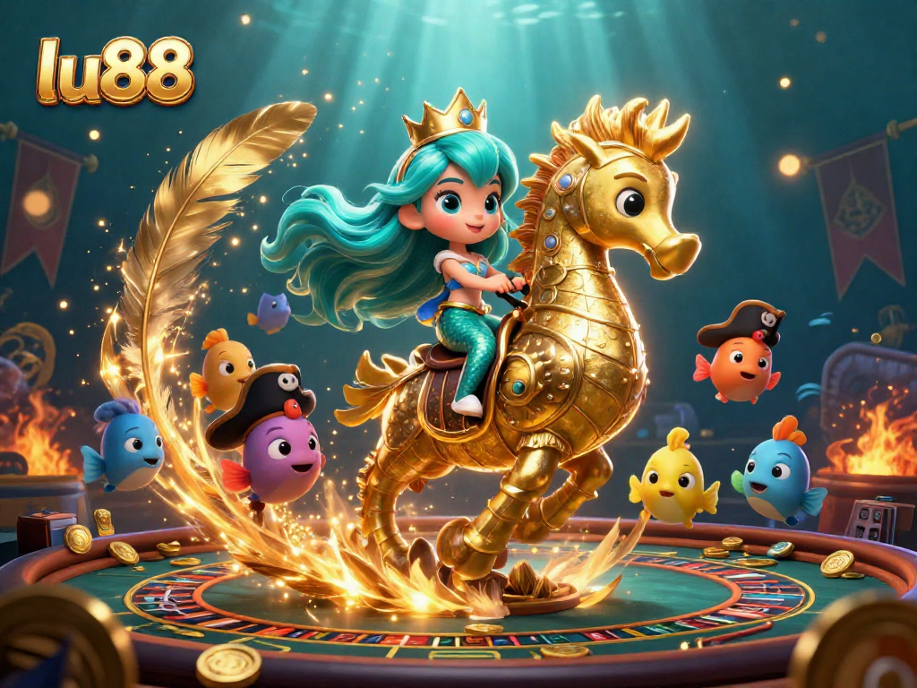 Play and win big at lu88 with an exciting scene featuring a cartoon mermaid and seahorse surrounded by casino elements.