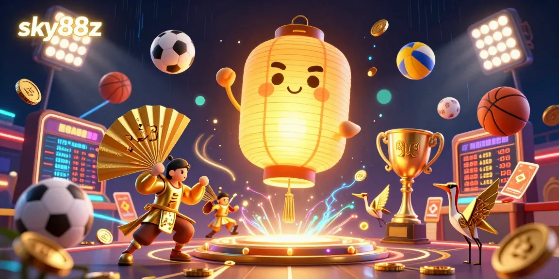 Experience thrilling wins with sky88z as a golden lantern spirit illuminates a vibrant casino scene.