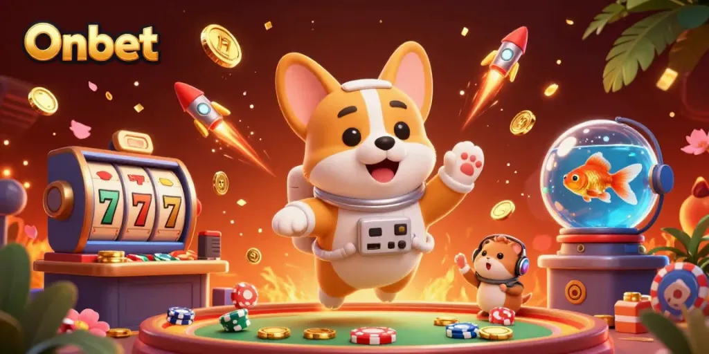 Experience Onbet’s vibrant 3D casino space with floating chips, golden coins, and an engaging astronaut corgi adventure.