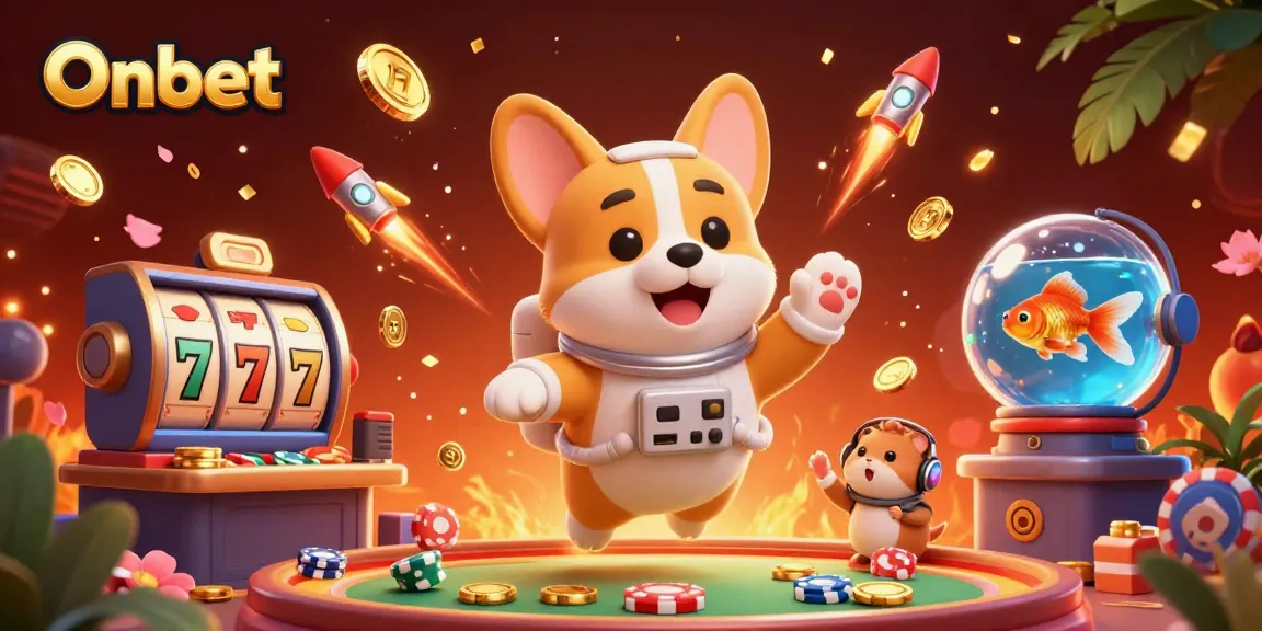 Experience Onbet’s vibrant 3D casino space with floating chips, golden coins, and an engaging astronaut corgi adventure.