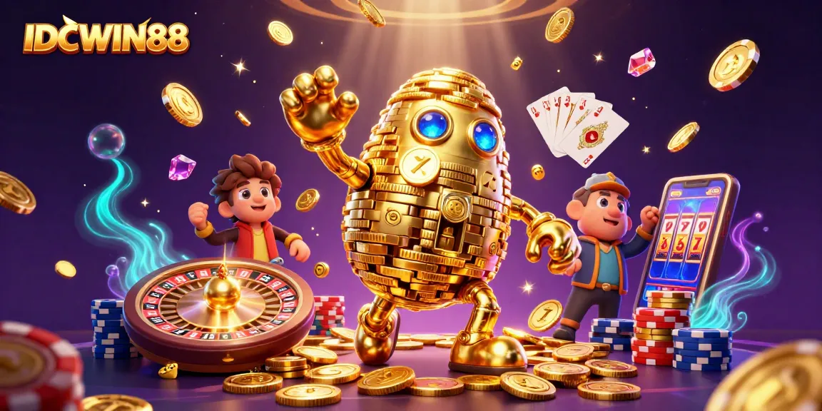 Experience thrilling gameplay with IDCWIN88 at this animated casino scene featuring golden golem and vibrant casino elements.