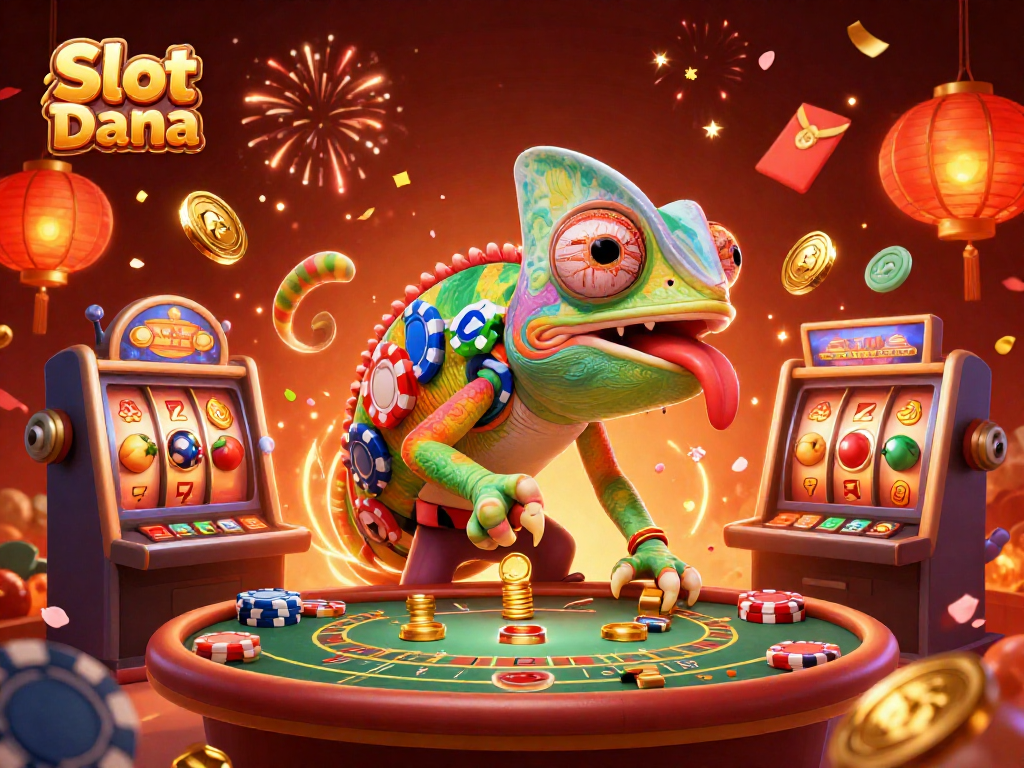 Gambarkan Slot Dana dengan chameleon pemilik kasino dan elemen permainan menarik lainnya.