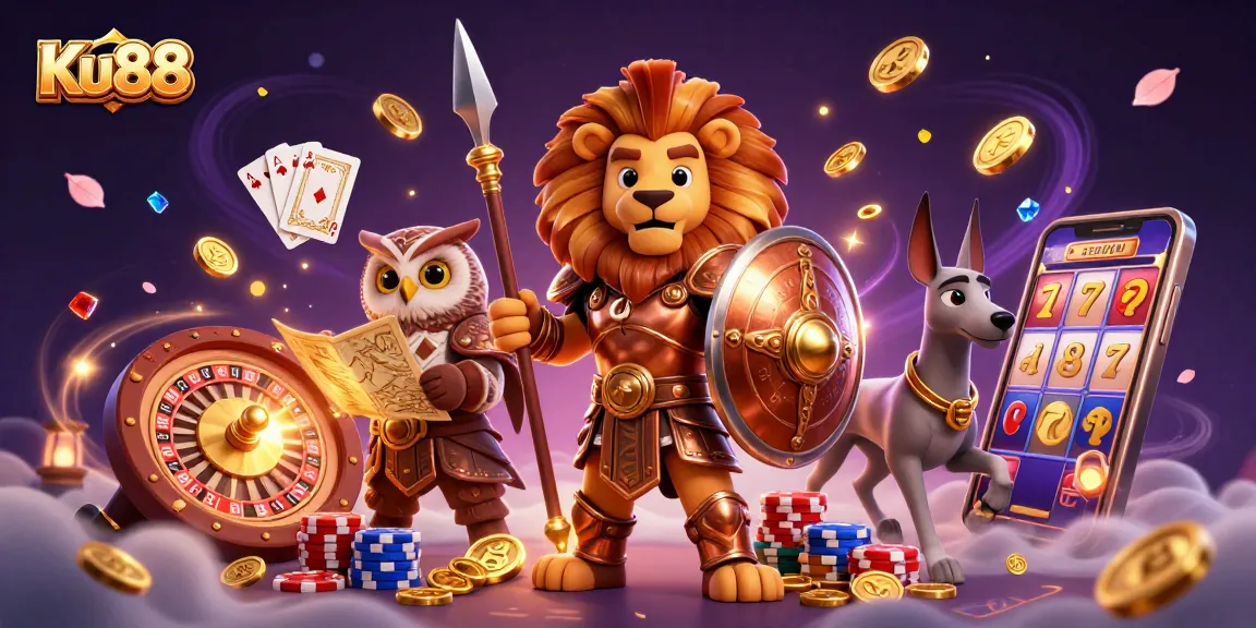 Experience thrilling gameplay at Ku88 with a vibrant 3D illustration featuring heroic characters and casino elements.