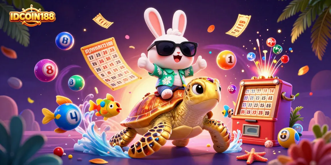 Play lottery with IDCOIN188 featuring a lucky rabbit and golden sea turtle in 3D illustration.
