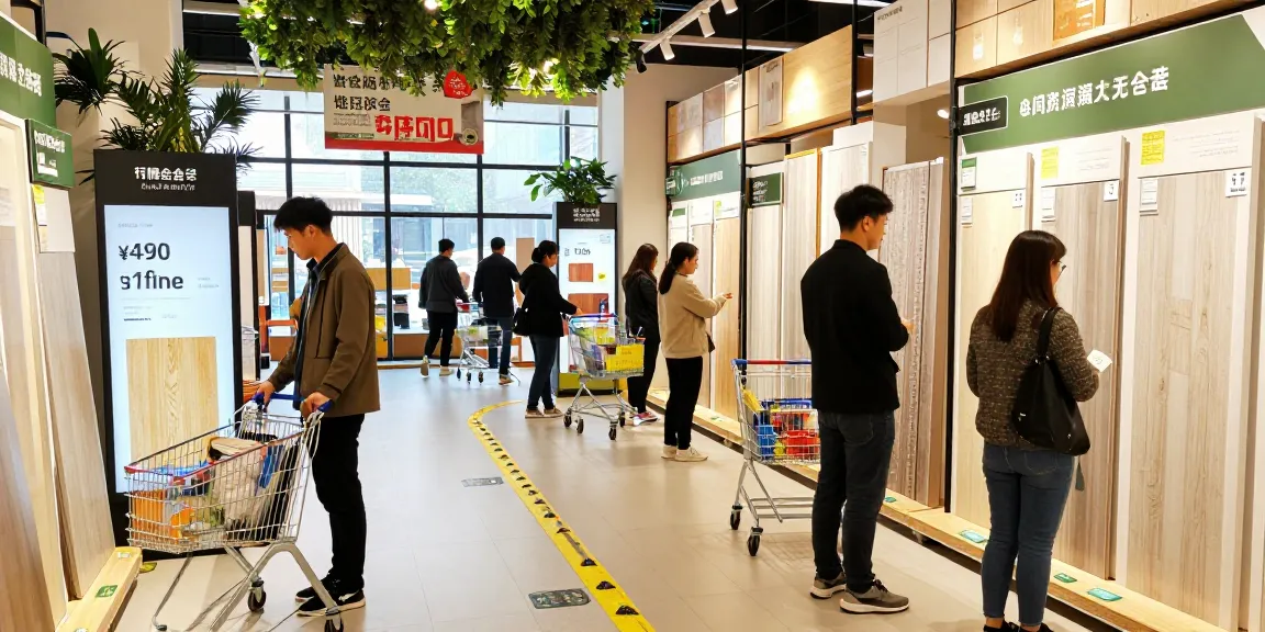 Customers exploring eco-friendly flooring products at Shopsmart store.
