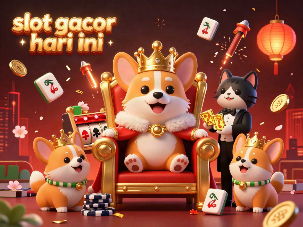 Slot gacor hari ini, ilustrasi 3D corgi royal dengan mahkota emas dan elemen permainan kasino.